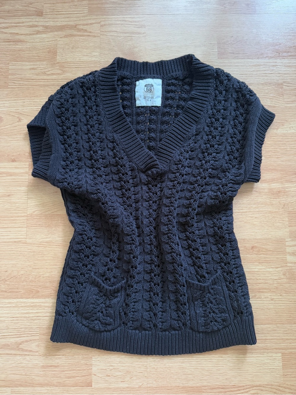 Vintage Route 66 100% Cotton Cable Knit Sweater Vest Women's XL Black V-Neck